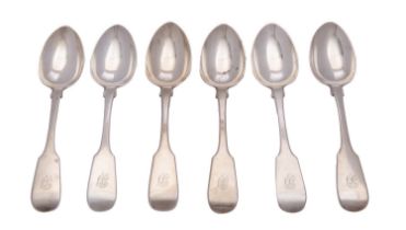 A set of six Victorian silver Fiddle pattern dessert spoons, unknown maker S.