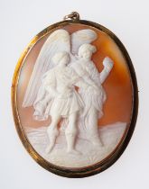 A 19th Century shell cameo pendant/ brooch depicting Tobias and the Angel,