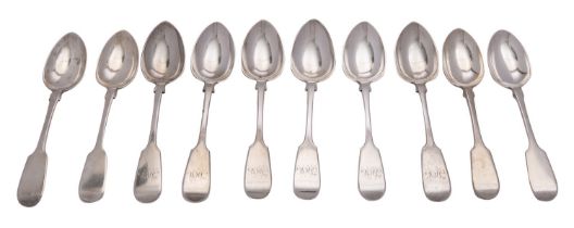 A set of six Victorian silver Fiddle pattern dessert spoons by John Stone, Exeter 1861,