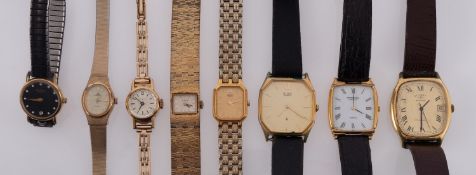 Five lady's gold-plated wristwatches including Raymond Weil, Timex, Lorus, Seiko and Tissot.
