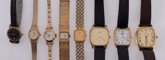 Five lady's gold-plated wristwatches including Raymond Weil, Timex, Lorus, Seiko and Tissot.