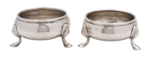 A pair of late George II Scottish silver cauldron salt celllars by James Mitchell I, Edinburgh 1747,