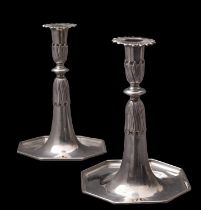 A pair of mid 18th century Swiss silver candlesticks by Pierre Masmejan & Elie Papus, Lausanne,