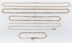 Five gold chains, all 9ct,