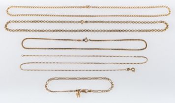 Five gold chains, all 9ct,