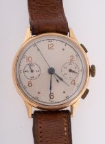 A gentleman's 18ct gold chronograph the matt silvered dial with Arabic and dot numerals,