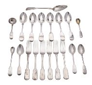 A collection of Exeter silver Fiddle pattern flatware, including: six dessert spoons by John Stone,