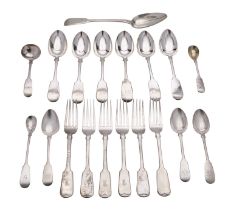 A collection of Exeter silver Fiddle pattern flatware, including: six dessert spoons by John Stone,