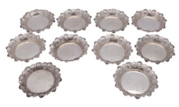 A set of ten late 19th century German silver Hock glass stands by Wilhem Binder,