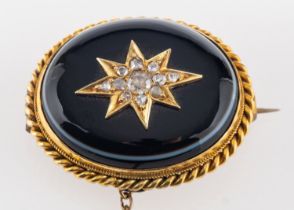 A sardonyx, old and rose-cut diamond brooch, the diamonds set in a star motif,