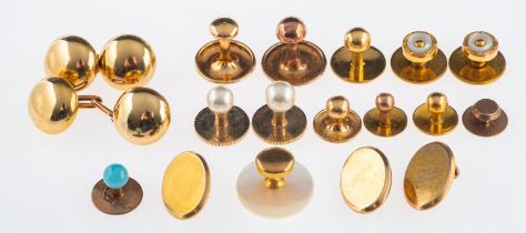 A pair of gold cufflinks with French control marks and various yellow metal shirt studs