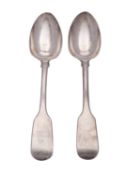A pair of Victorian silver tablespoons by Samuel Hayne & Dudley Cater, London 1842, Fiddle pattern,