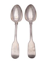 A pair of Victorian silver tablespoons by Samuel Hayne & Dudley Cater, London 1842, Fiddle pattern,