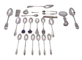 A collection of silver, to include: a silver coloured pistol grip handled magnifying glass,