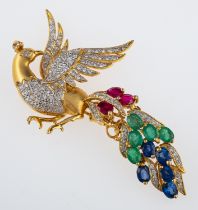 A multi gem set peacock brooch, satin finish gold the body pave set with diamonds,