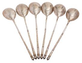 A set of six Russian silver gilt teaspoons by Ivan Alexeyev, Moscow 1890, 84 zolotniki,