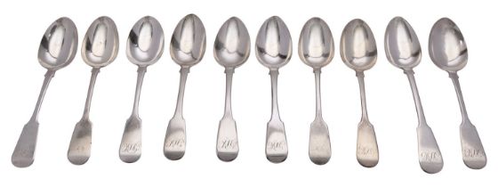 Ten silver Fiddle pattern table spoons, comprising: five by John, Henry & Charles Lias,