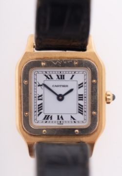 Cartier Santos Dumant a lady's 18ct gold wristwatch the white dial with black Roman numerals and
