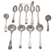 Five various English silver sauce ladles, a sifting and five tablespoons,