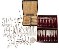 A collection of silver plated items, comprising a quantity of Fiddle pattern flatware, a mug,