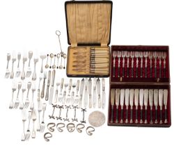 A collection of silver plated items, comprising a quantity of Fiddle pattern flatware, a mug,