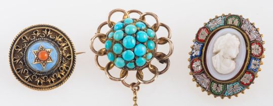 Three brooches, including a cabochon-cut turquoise brooch,