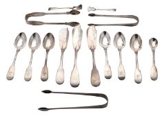A George II silver Hanoverian pattern salt spoon by Henry Brind, London, six Newcastle teaspoons,