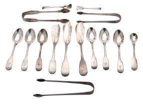 A George II silver Hanoverian pattern salt spoon by Henry Brind, London, six Newcastle teaspoons,