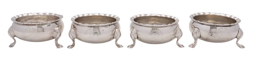 A set of four late George II Scottish silver cauldron salt cellars by William Taylor,