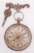 A silver open-faced pocket watch the two-tone dial engraved with floral decoration,