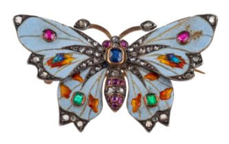 A French Belle Epoque era butterfly brooch, the enamelled wings set with ruby and emerald,