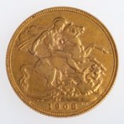 An Edward VII sovereign coin 1908.