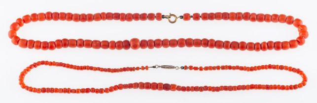 An antique coral bead necklace of barrel form beads, largest 9mm, length 49cm,