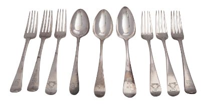 Three George III silver Fiddle pattern table forks by Joseph Hicks, Exeter 1816,