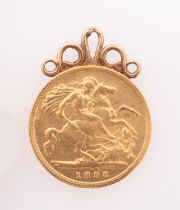 A Victoria half sovereign coin, 1898, mounted as a pendant,