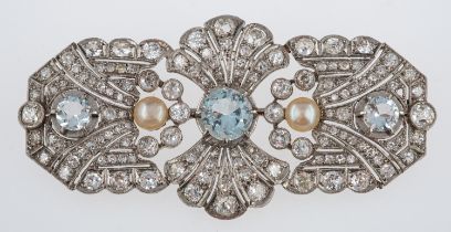 An Art Deco period brooch set with, aquamarine ,pearls, diamonds in unmarked platinum setting,