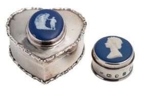 Two blue jasperware mounted silver boxes, the larger Edwardian heart-shaped by Cohen & Charles,