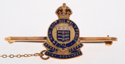 Military Army Ordnance Corp, enamel and gold bar brooch, 9ct length, 4.