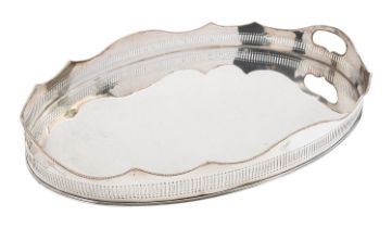 An early 20th century silver plated on copper oval gallery tray, not marked, 61cm (24in.