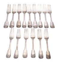 A collection of silver table forks, various dates and makers, mostly London; with six dessert forks,