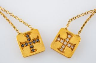 A two diamond pendants with Greek cruciform motifs, on a belcher-link chain,