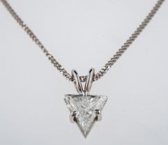 A triliant cut diamond pendant, set in 18ct white gold, on fine chain, estimated 1.