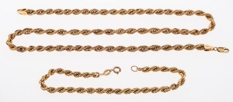 A 9ct gold ropetwist necklace, stamped 9k, 47cm long; and a 9ct gold ropetwist bracelet,