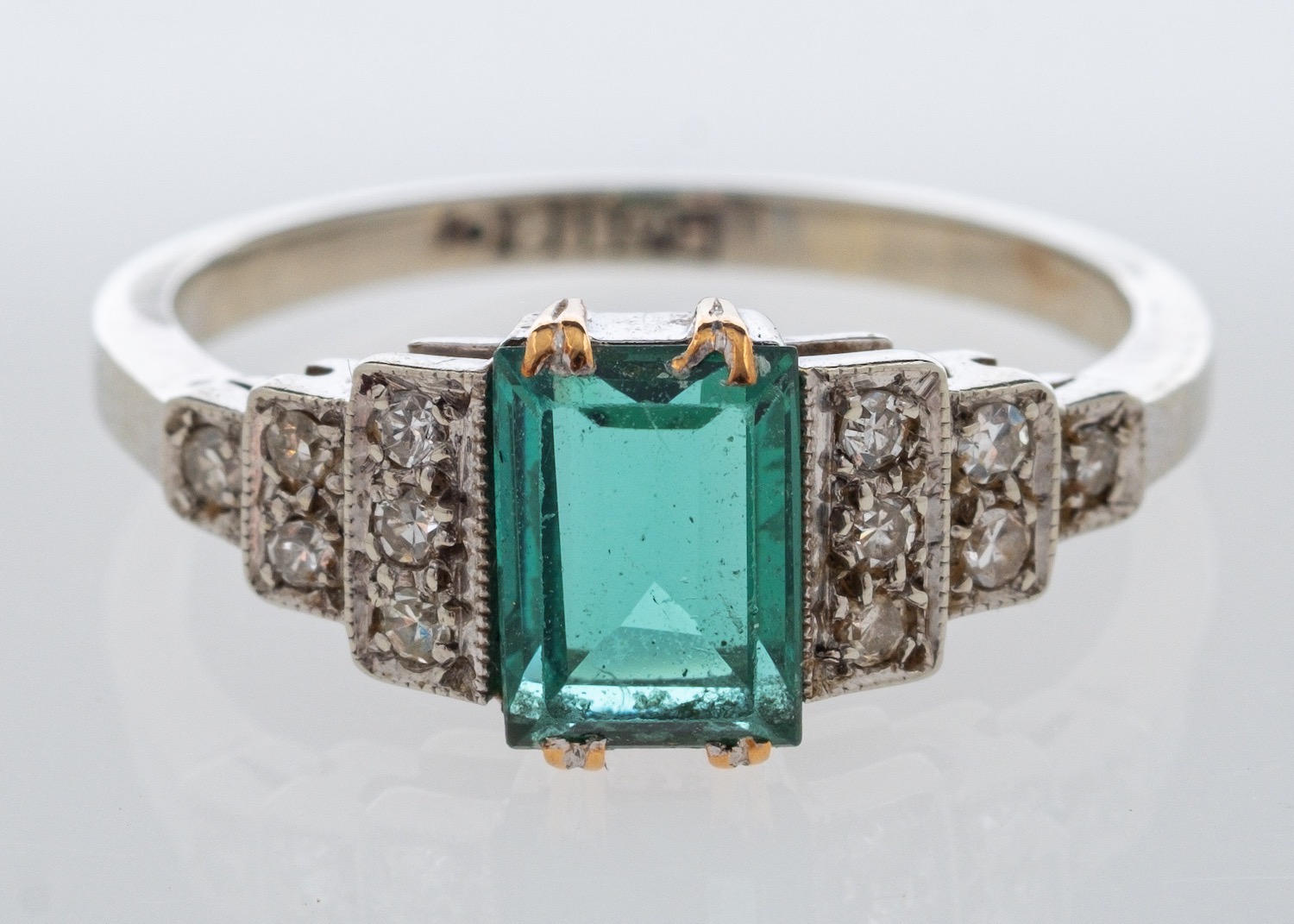 Art Deco style green topaz and diamond ring set in 18ct white gold mount,