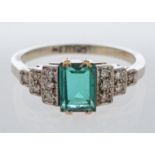 Art Deco style green topaz and diamond ring set in 18ct white gold mount,