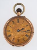 A 9ct gold open-faced pocket watch the engraved gold dial with black Roman numerals and blued-steel