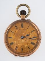 A 9ct gold open-faced pocket watch the engraved gold dial with black Roman numerals and blued-steel