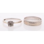 Two white gold rings, a diamond cluster ring, and a gold band with relief decoration, both 9ct gold,