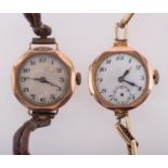 Two lady's gold cocktail watches one with a white dial, round case and rolled-gold bracelet,