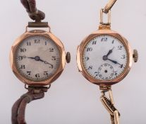 Two lady's gold cocktail watches one with a white dial, round case and rolled-gold bracelet,